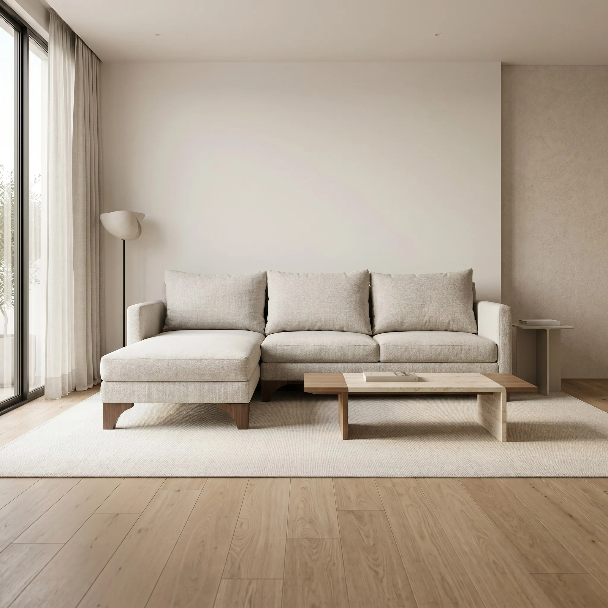 Sala Juliette completa con sofá, chaise y mesa auxiliar